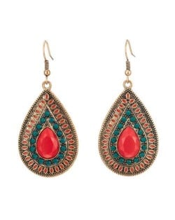 Red Gem Embellished Bohemian Fashion Women Waterdrop Wholesale Dangle Earrings