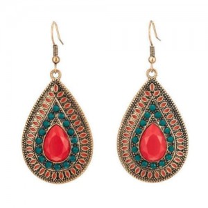 Red Gem Embellished Bohemian Fashion Women Waterdrop Wholesale Dangle Earrings