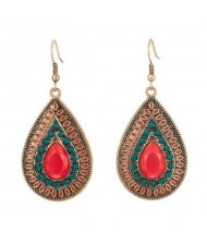 Red Gem Embellished Bohemian Fashion Women Waterdrop Wholesale Dangle Earrings