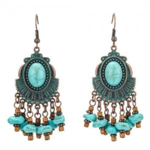 Artificial Turquoise Bohemian Folk Design Women Tassel Shoulder Duster Earrings