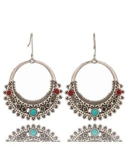 Contrast Color Artificial Turquoise Decorated Vintage Floral Hoop Design Women Costume Earrings