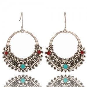 Contrast Color Artificial Turquoise Decorated Vintage Floral Hoop Design Women Costume Earrings