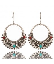 Contrast Color Artificial Turquoise Decorated Vintage Floral Hoop Design Women Costume Earrings