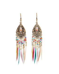 Ethnic Fashion Vintage Waterdrop with Beads and Feather Tassel Wholesale Women Retro Costume Earrings - Golden