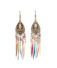 Ethnic Fashion Vintage Waterdrop with Beads and Feather Tassel Wholesale Women Retro Costume Earrings - Golden