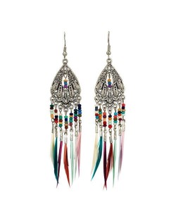 Ethnic Fashion Vintage Waterdrop with Beads and Feather Tassel Wholesale Women Retro Costume Earrings - Silver