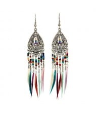 Ethnic Fashion Vintage Waterdrop with Beads and Feather Tassel Wholesale Women Retro Costume Earrings - Silver