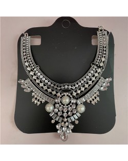 Crystal Flowers Decorated Rope and Leather Weaving Fashion Women Necklace - Brown