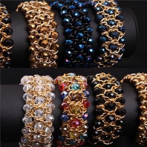 5 Colors Available Fashion Crystal Glass Woven Elastic Exaggerated Wide Bracelet