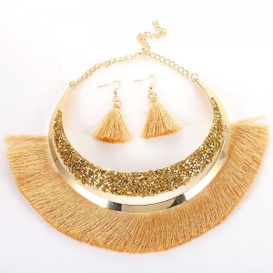 Cotton Threads Tassel Arch Fashion Women Costume Necklace and Earrings Set - Brown