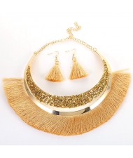 Cotton Threads Tassel Arch Fashion Women Costume Necklace and Earrings Set - Brown