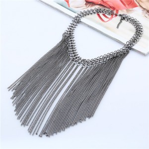 Multiple Chains Tassel Design Chunky Style High Fashion Statement Necklace - Gun Black