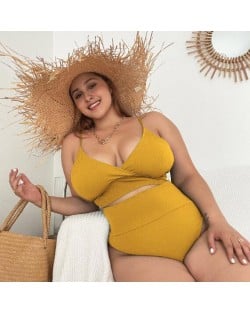 U.S. High Waist Solid Color Plus Size Swimsuit for Fat Woman - Yellow