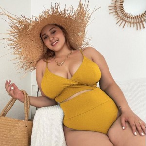 U.S. High Waist Solid Color Plus Size Swimsuit for Fat Woman - Yellow