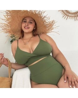 U.S. High Waist Solid Color Plus Size Swimsuit for Fat Woman - Green