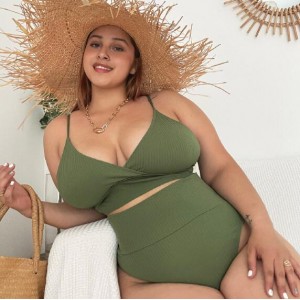 U.S. High Waist Solid Color Plus Size Swimsuit for Fat Woman - Green