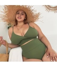 U.S. High Waist Solid Color Plus Size Swimsuit for Fat Woman - Green