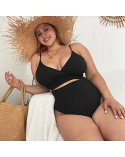 U.S. High Waist Solid Color Plus Size Swimsuit for Fat Woman - Black