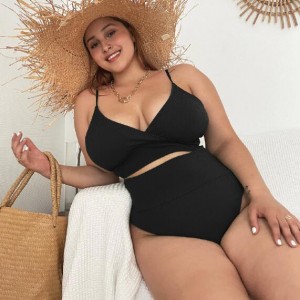 U.S. High Waist Solid Color Plus Size Swimsuit for Fat Woman - Black