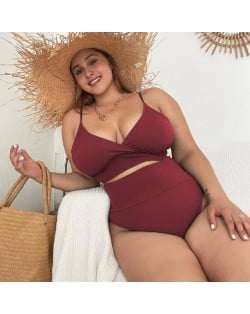 U.S. High Waist Solid Color Plus Size Swimsuit for Fat Woman - Wine Red