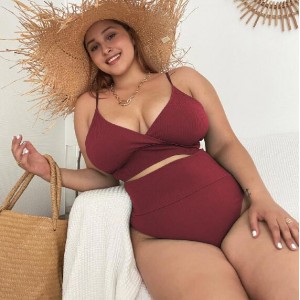 U.S. High Waist Solid Color Plus Size Swimsuit for Fat Woman - Wine Red