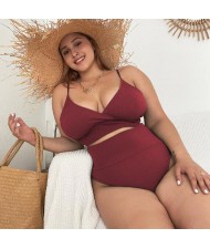 U.S. High Waist Solid Color Plus Size Swimsuit for Fat Woman - Wine Red