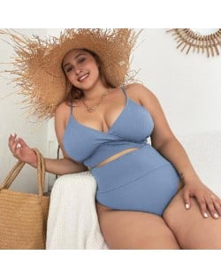 U.S. High Waist Solid Color Plus Size Swimsuit for Fat Woman - Light Blue