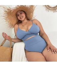 U.S. High Waist Solid Color Plus Size Swimsuit for Fat Woman - Light Blue