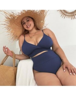 U.S. High Waist Solid Color Plus Size Swimsuit for Fat Woman - Dark Blue