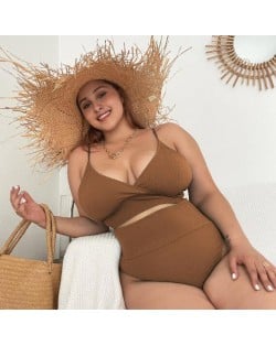 U.S. High Waist Solid Color Plus Size Swimsuit for Fat Woman - Brown