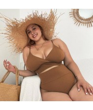 U.S. High Waist Solid Color Plus Size Swimsuit for Fat Woman - Brown