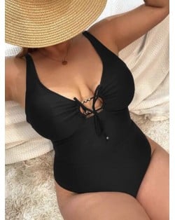 U.S. High Fashion Plus Size Solid Color Bandage Design One Piece Fat Women Swimsuit - Black