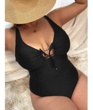 U.S. High Fashion Plus Size Solid Color Bandage Design One Piece Fat Women Swimsuit - Black