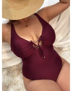 U.S. High Fashion Plus Size Solid Color Bandage Design One Piece Fat Women Swimsuit - Burgandy