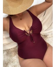 U.S. High Fashion Plus Size Solid Color Bandage Design One Piece Fat Women Swimsuit - Burgandy