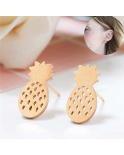 Hollow Pineapple Fruit Fashion Women Stainless Steel Earrings - Golden