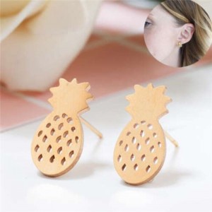 Hollow Pineapple Fruit Fashion Women Stainless Steel Earrings - Golden