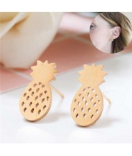 Hollow Pineapple Fruit Fashion Women Stainless Steel Earrings - Golden