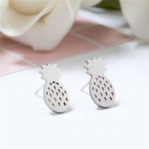 Hollow Pineapple Fruit Fashion Women Stainless Steel Earrings - Silver