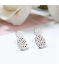 Hollow Pineapple Fruit Fashion Women Stainless Steel Earrings - Silver