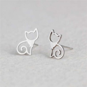 Minimalist Cat Design U.S. High Fashion Women Stainless Steel Earrings - Silver