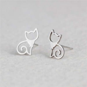 Minimalist Cat Design U.S. High Fashion Women Stainless Steel Earrings - Silver