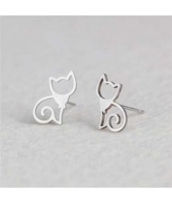 Minimalist Cat Design U.S. High Fashion Women Stainless Steel Earrings - Silver