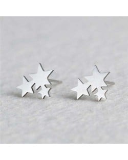 Triple Stars Combo Design U.S. High Fashion Women Stainless Steel Stud Earrings - Silver