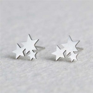Triple Stars Combo Design U.S. High Fashion Women Stainless Steel Stud Earrings - Silver