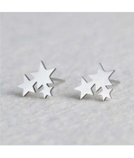 Triple Stars Combo Design U.S. High Fashion Women Stainless Steel Stud Earrings - Silver