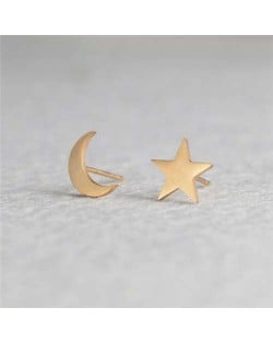 Star and Moon Combo European Fashion Women Stainless Steel Stud Earrings - Golden