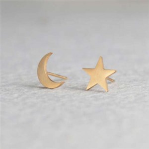 Star and Moon Combo European Fashion Women Stainless Steel Stud Earrings - Golden