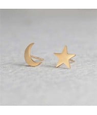 Star and Moon Combo European Fashion Women Stainless Steel Stud Earrings - Golden