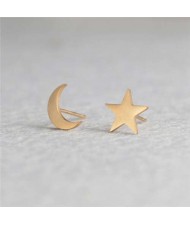 Star and Moon Combo European Fashion Women Stainless Steel Stud Earrings - Golden